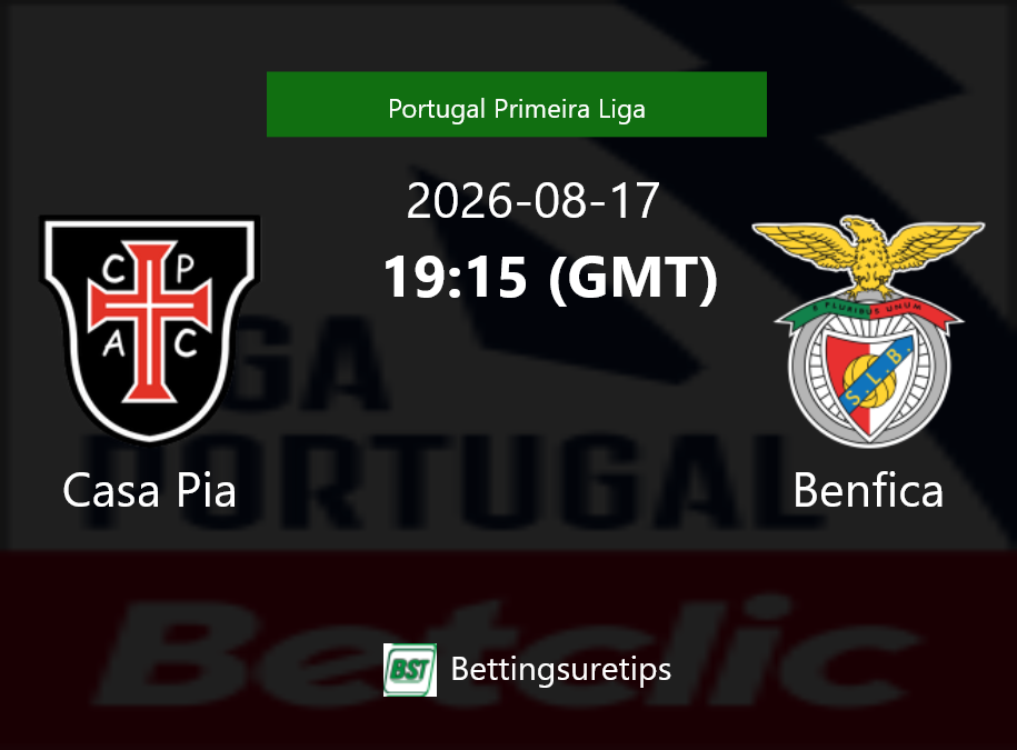 Casa Pia vs Benfica Prediction Betting Tips & Correct Score